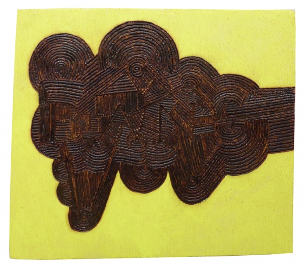 'BANG' Pyrography in multiplex, acrylic paint. 2014. Collection De Groen.