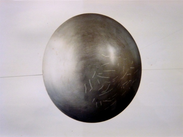 Gallery Hooghuis Arnhem. Steel bowls, diameter 36 cm, silver inlay. 1 of 4 series of 5 bowls.1989