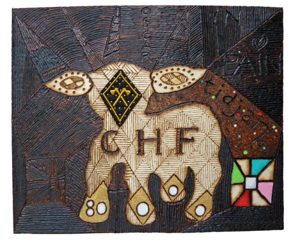 &amp;lsquo;CHF. 80.000, = &amp;rsquo;.&amp;nbsp;Pyrography in multiplex, acrylic paint,&amp;nbsp;textile application.&amp;nbsp;40,4 x 15 x 0,4 cm.&amp;nbsp;2013. Private collection.&amp;nbsp;